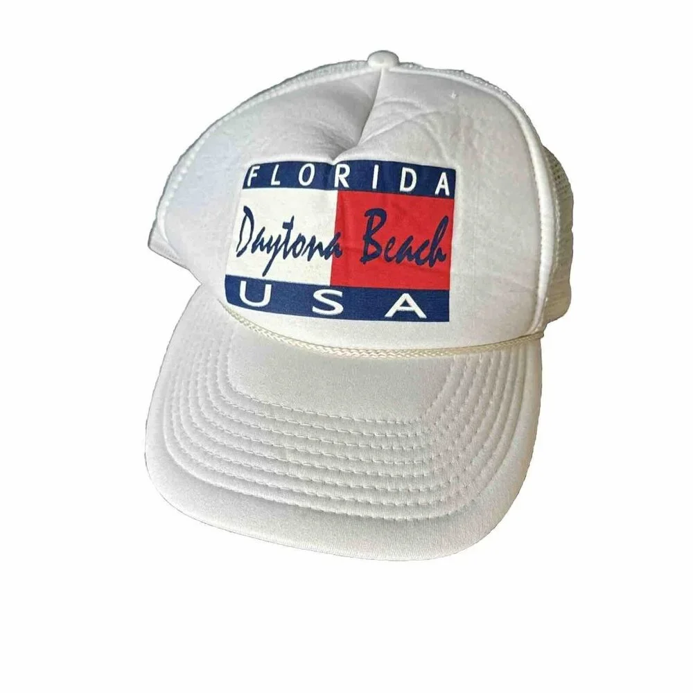 Vintage Dayton‎ Beach Florida USA Snapback Baseball Americana Hat White Cap Mesh